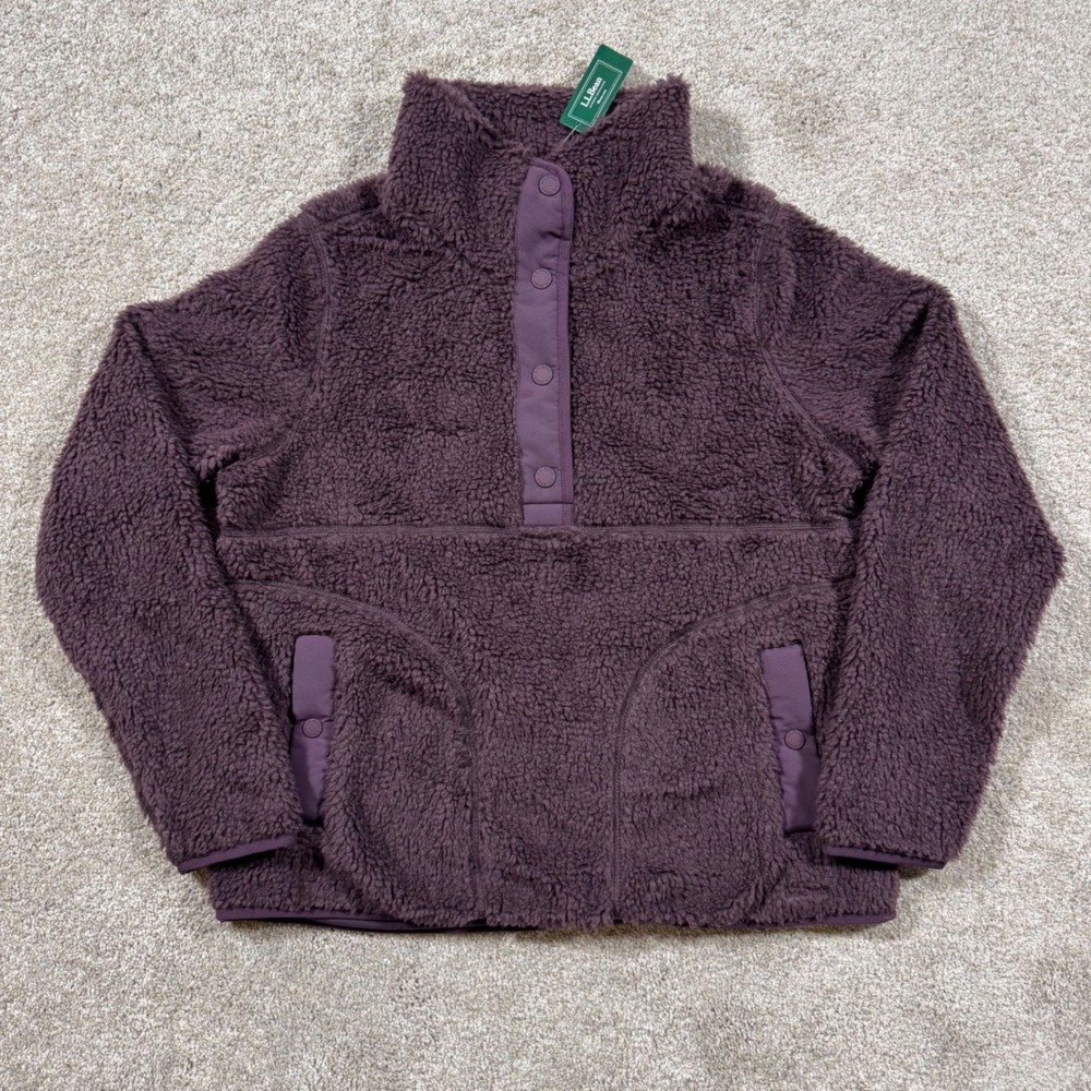 LL Bean Sherpa Fleece Pullover Eggplant Purple Snap Neck Hi-Pile 519064 Womens M